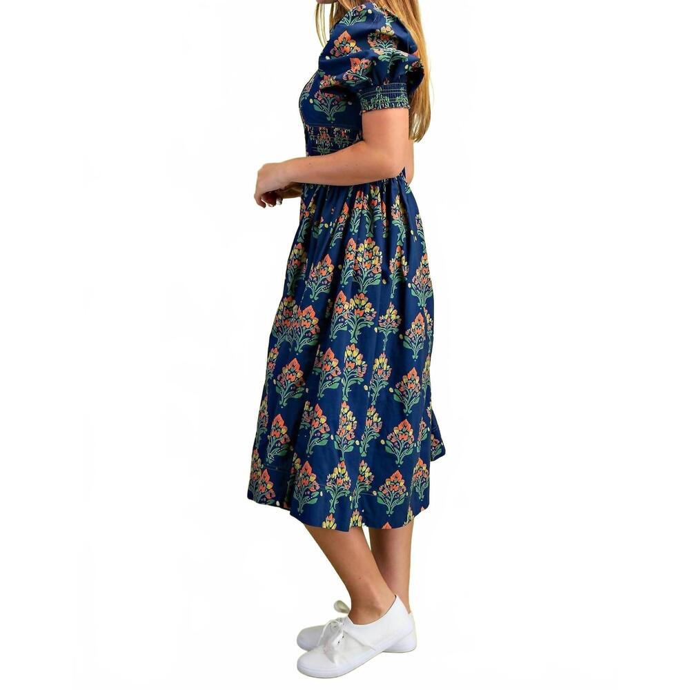 NEW GIGIO floral puff sleeve midi dress in navy - Picture 2 of 3